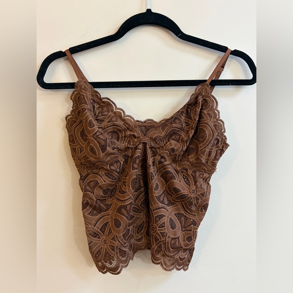 Aerie Brown Lace Babydoll Cami Cropped Stretch Whimsigoth Y2K Tank Top Crop Top